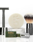 Bambaw Shaving set with safety razor, brush, soap, and blades on a white background