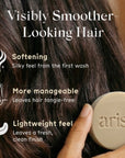 Arista shampoo bar held against hair with text highlighting hair care benefits