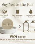 Arista shampoo bar with promotional text about sustainability and practicality on a beige background
