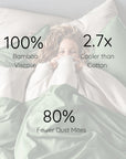 Person lying in bed with text highlighting bamboo viscose properties
