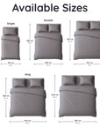 bambaw cozy bamboo duvet cover chart with single, double, and king bed dimensions.
