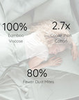 Person lying on a white satin sheet with text highlighting properties of bamboo viscose fabric.