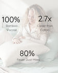 Woman holding a pillow with text highlighting its properties on a light background