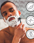 Man shaving with a bambaw safety razor, surrounded by icons indicating 'Smooth Shave', 'No Ingrown Hair', and 'Cost Effective'.