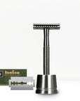 Metal safety razor with a pack of Bambaw safety razor blades on a white background