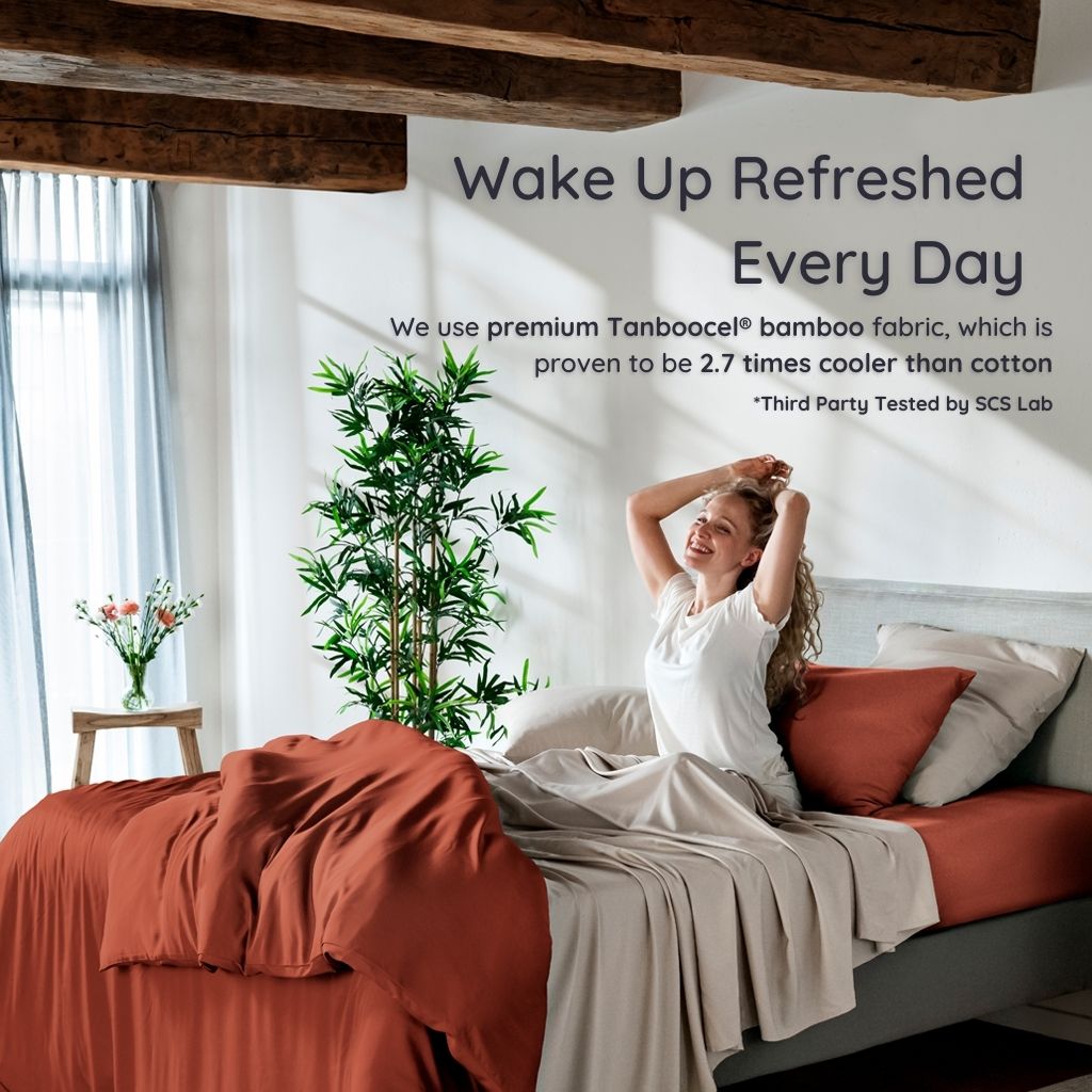 Woman waking up in a bright bedroom with text about premium bamboo fabric bedding.