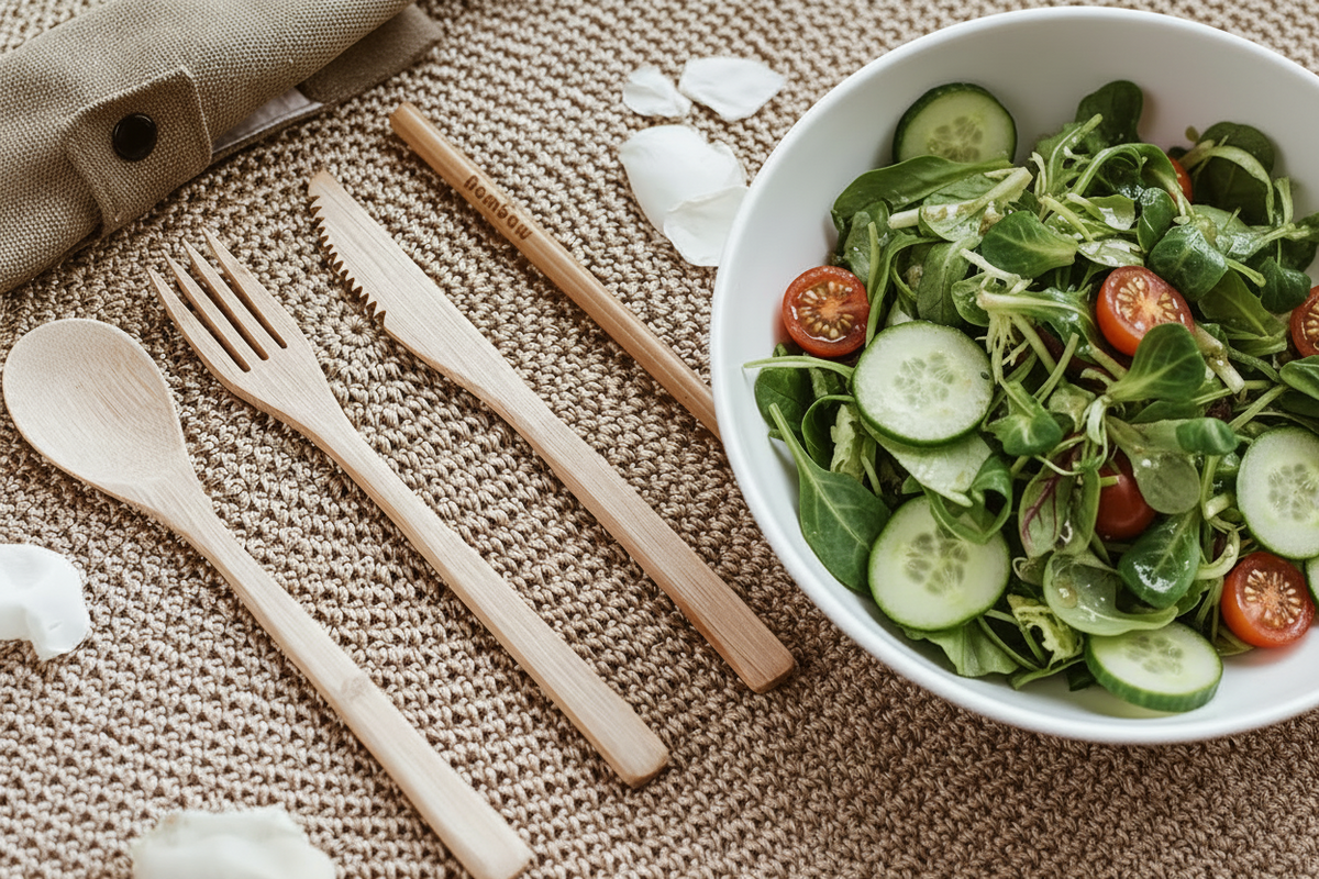 Bamboo flatware set with a wooden spoon, fork, knife, and bamboo straw arranged on a woven beige mat next to a white bowl of salad with cucumber and tomato slices.