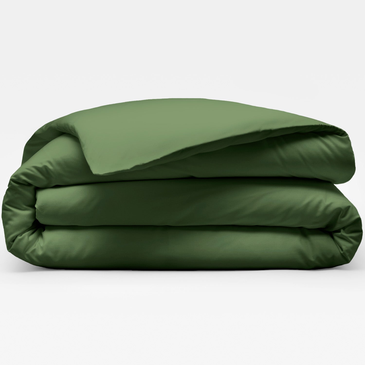 Olive green duvet cover comforter folded neatly on a white background
