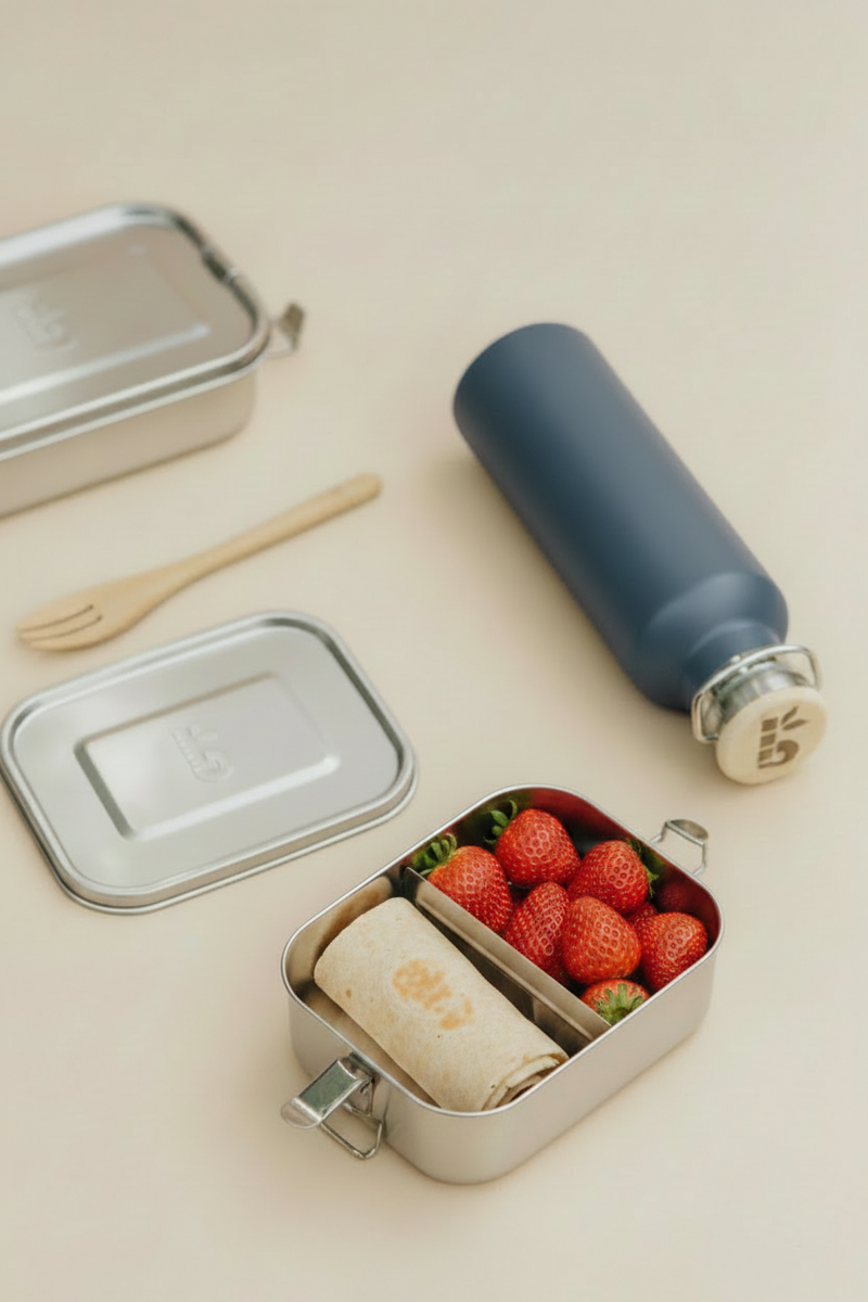 A styled flat-lay of a bambaw stainless steel lunch box set with a blue bottle, wooden utensil, and fresh strawberries on a warm beige background.