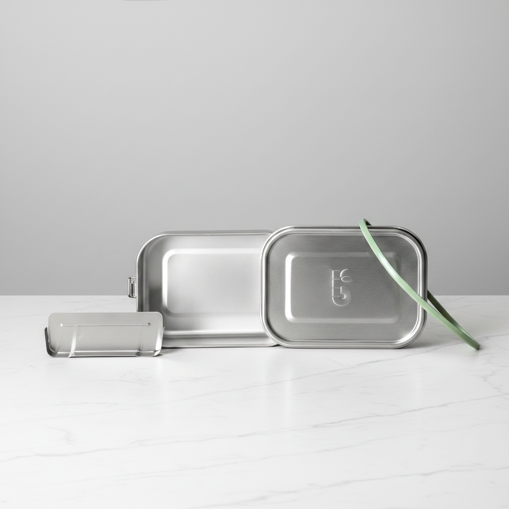 A bambaw stainless steel rectangular lunch box set with a matching lid and a small detached tray, arranged on a white marble surface against a light gray background.