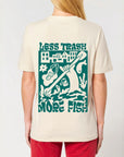 A woman wearing a City to Ocean T-shirt with 'Less Trash More Fish' graphic design on the back. 100% Cotton in natural raw white, untreated sustainable fabric