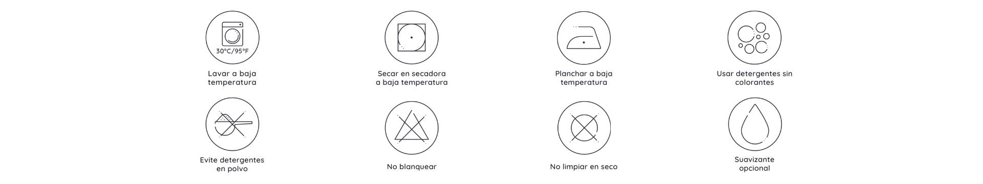 Juego de símbolos de cuidado de lavandería para Ropa de Cama de Bambú Cozy de Bambaw sobre fondo blanco