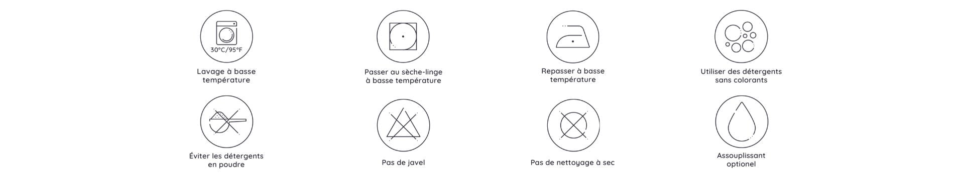 Ensemble de symboles d'entretien du linge pour la Literie en Bambou Cozy Bambaw sur fond blanc