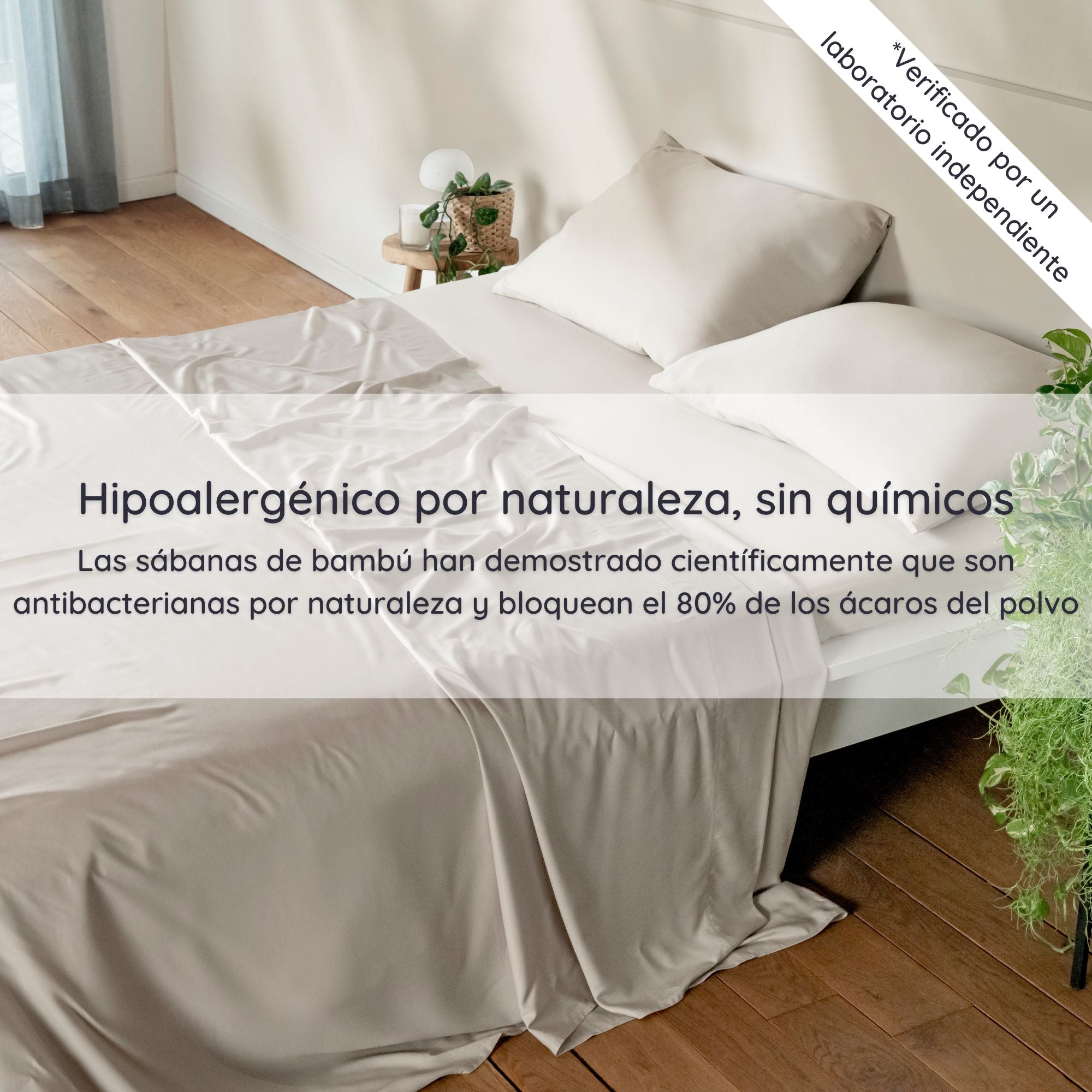 Bed with bamboo sheets in a bedroom setting, featuring text about bamboo sheets' hypoallergenic properties.