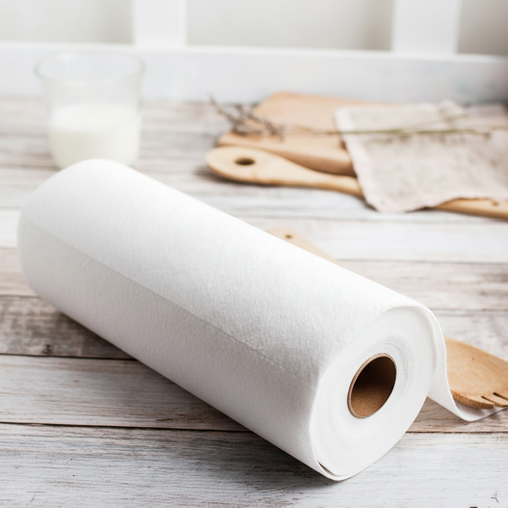 A roll of reusable white paper towels resting on a rustic white-washed wooden table, with a glass of milk and wooden cutting boards blurred in the background.