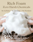 Person applying Arista foamy shampoo bar to hair with text highlighting product benefits on a beige background