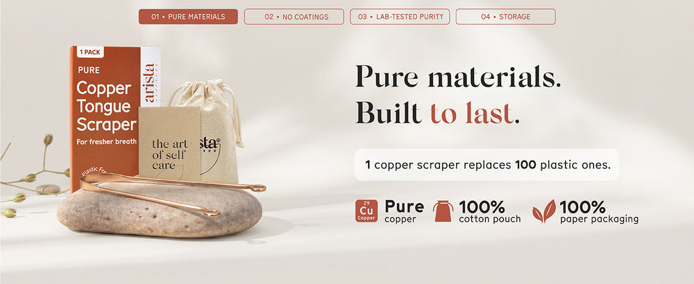 Arista Copper tongue scrapers, a cotton pouch, and a stone brush on a light beige background with promotional text.