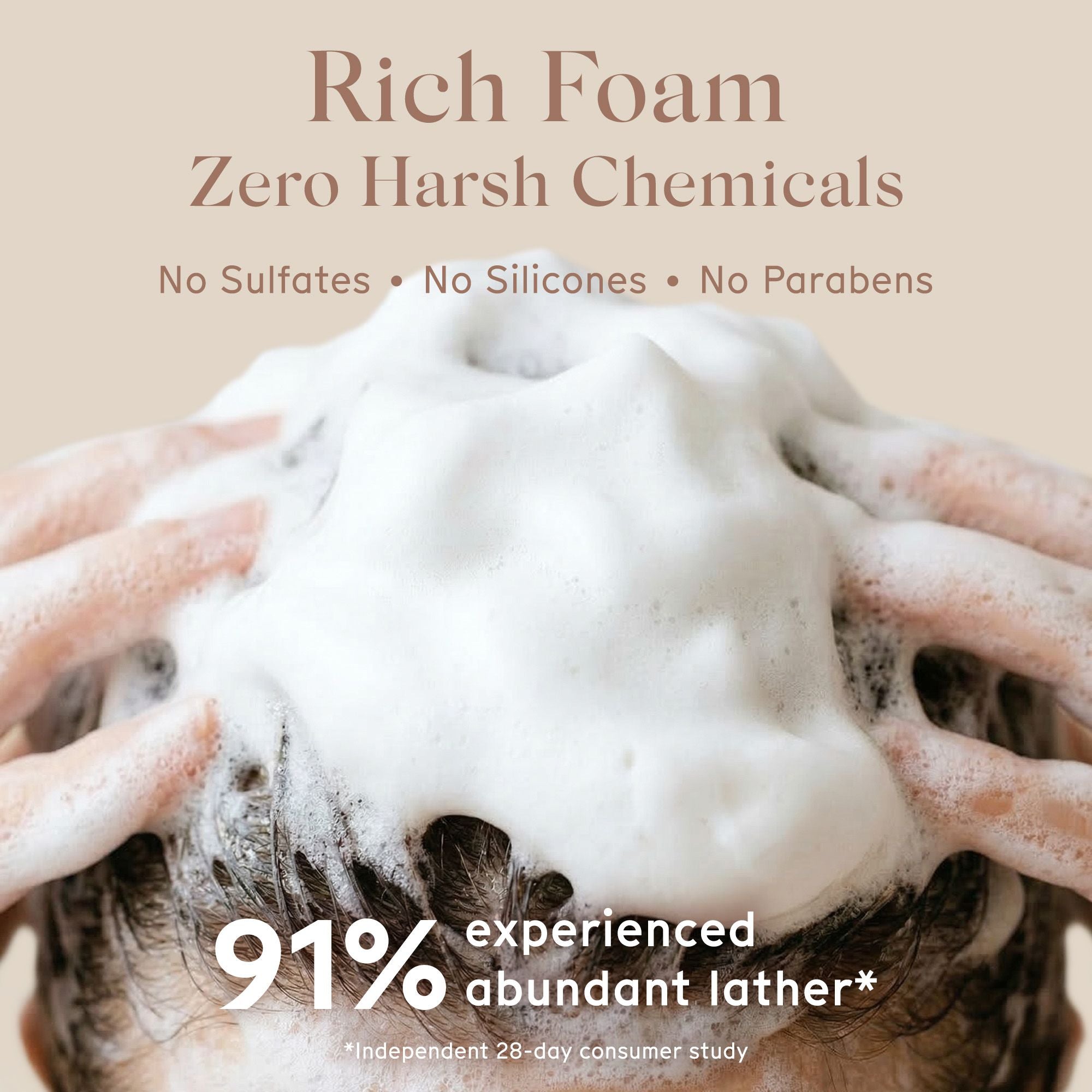 Person applying Arista foamy shampoo to hair with text highlighting product benefits on a beige background