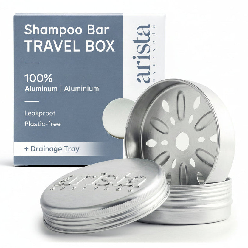 Arista shampoo bar travel box with metal containers and drainage tray on a white background