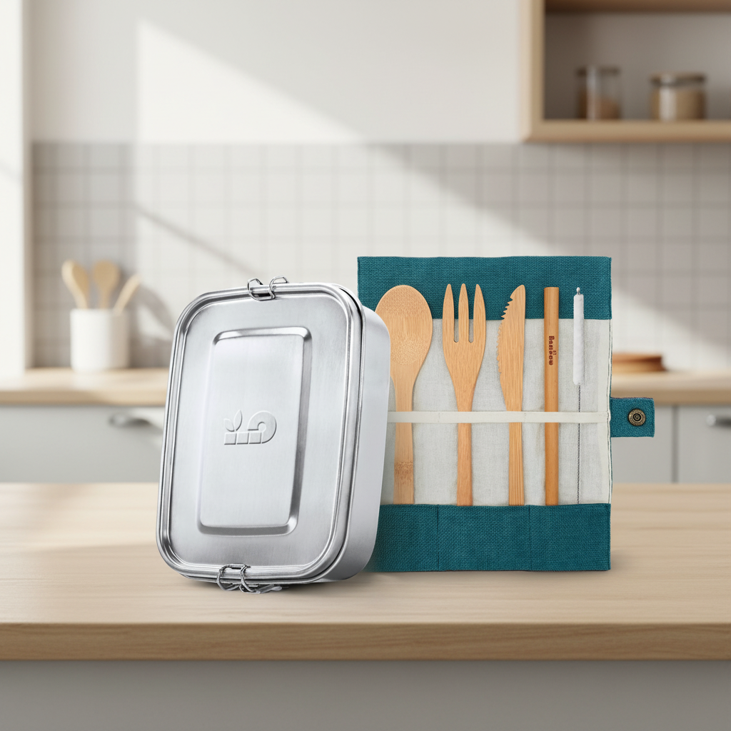 A stainless steel lunch box with a matching fabric utensil roll set on a light wood countertop in a softly blurred kitchen setting. The utensil roll contains a wooden spoon, wooden fork, wooden knife, bamboo straw, and a white straw brush, with a teal fabric border.