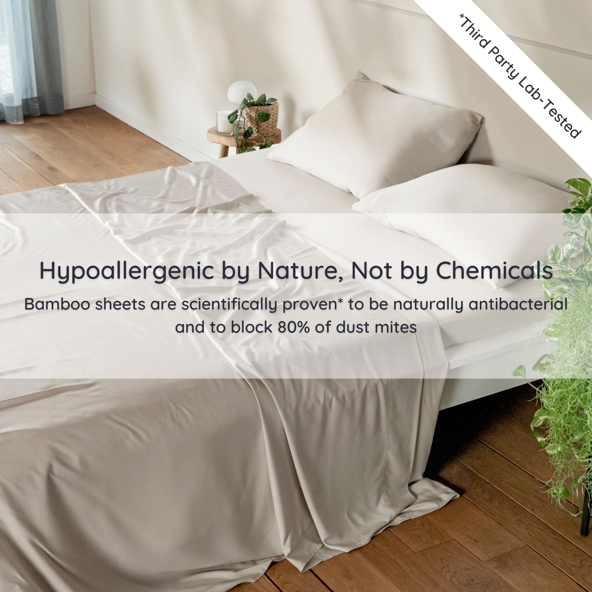 Sand colour Bamboo sheets on a bed with text highlighting hypoallergenic properties