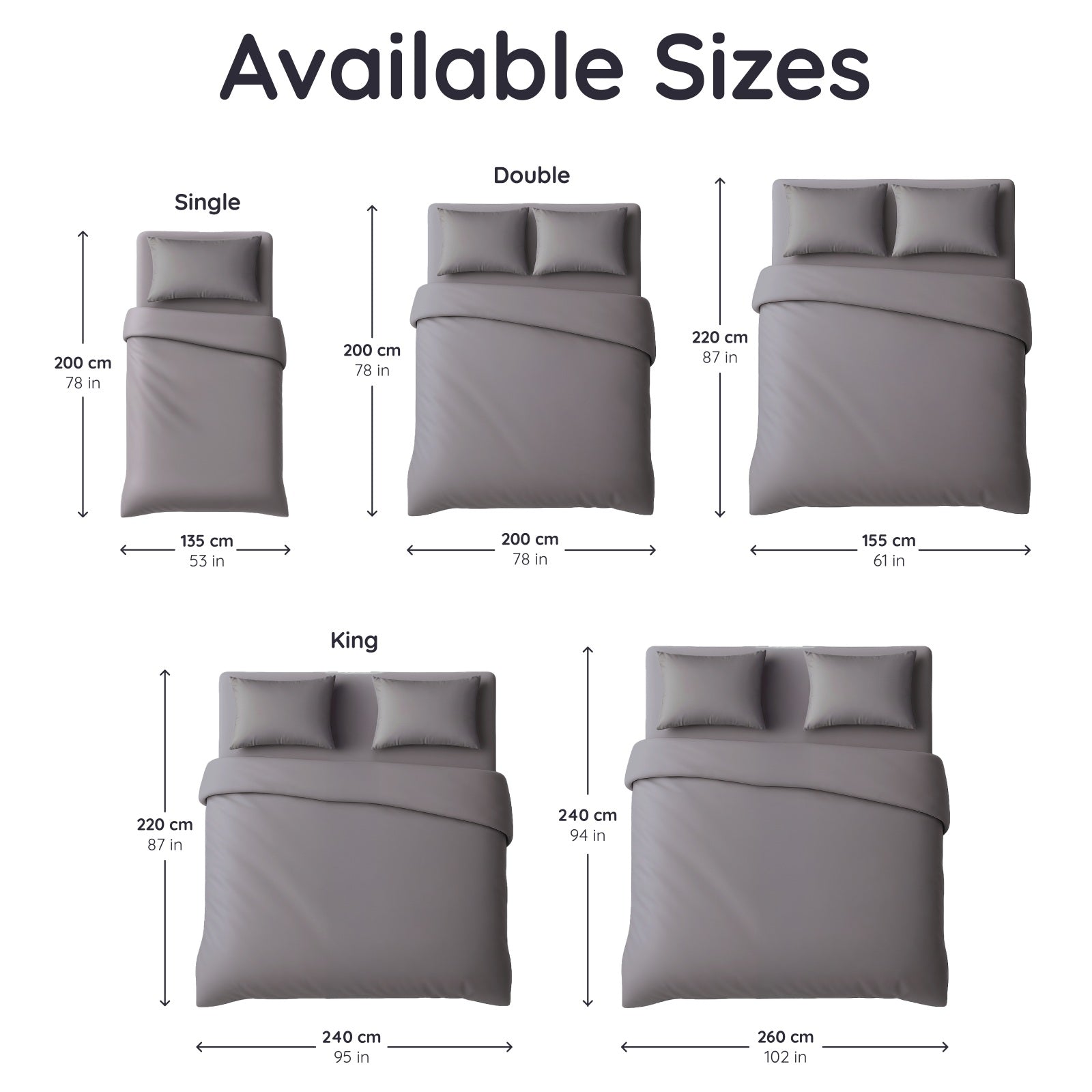 bambaw cozy bamboo duvet cover chart with single, double, and king bed dimensions.