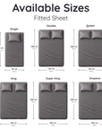 Chart showing the dimensions of bambaw cozy bamboo fitted sheets for various bed sizes.