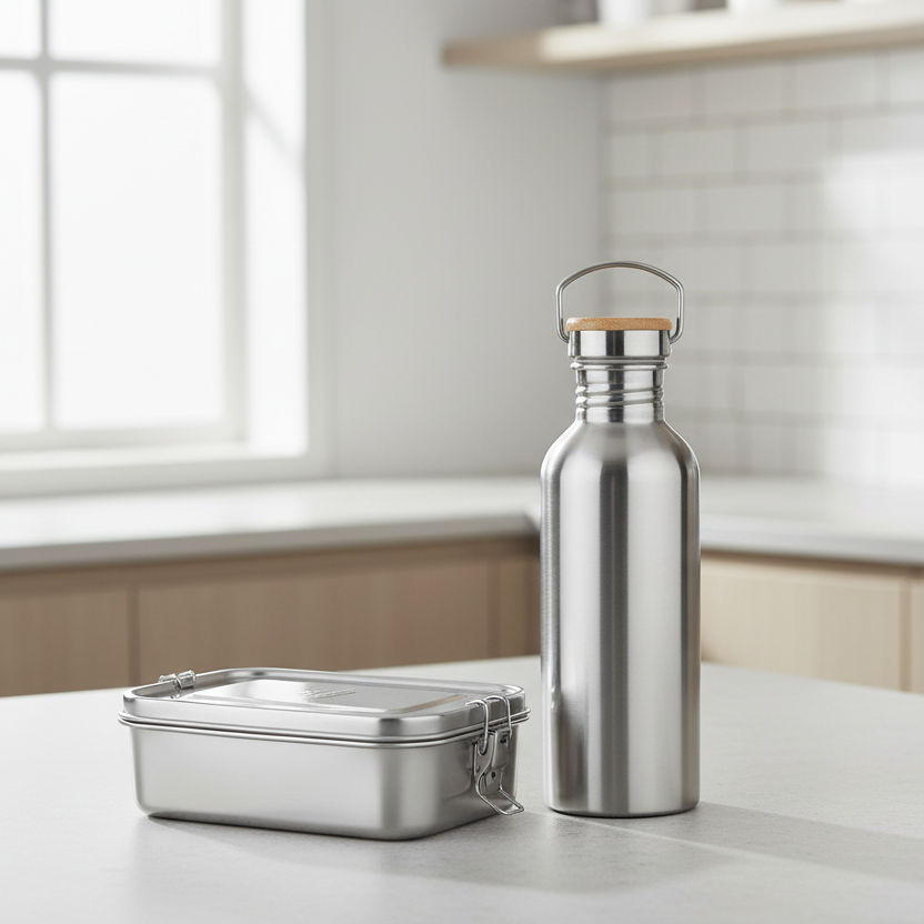 A bambaw stainless steel water bottle with a bamboo cap and a matching stainless steel lunch box with a clasp lid, displayed on a kitchen counter.