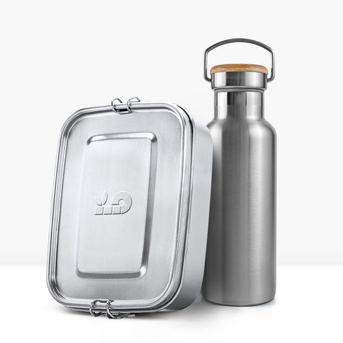 Back to School Bundle featuring a stainless lunch box and insulated bottle with cork lid