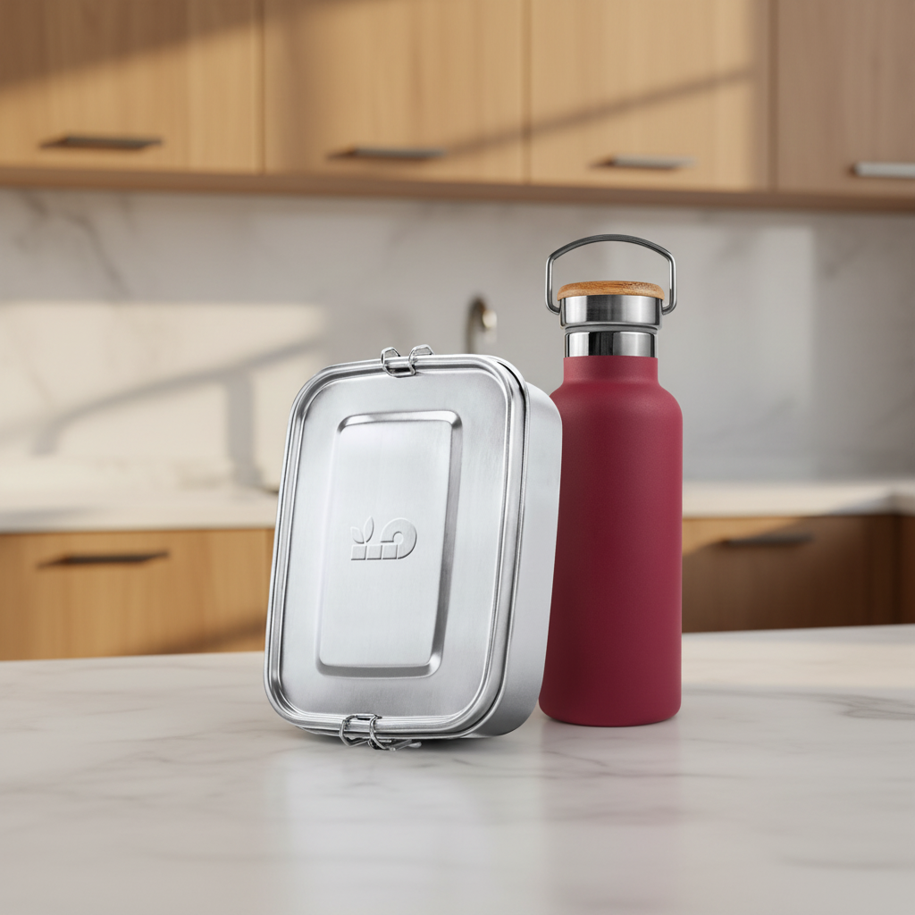 A bambaw stainless steel lunch box sits on a light marble countertop next to a matte red insulated water bottle with a bamboo cap, set against a blurred kitchen background.