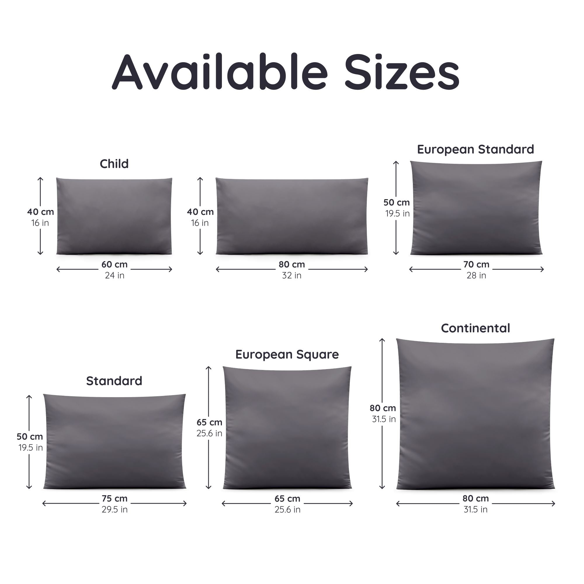 Illustration of bambaw cozy&#39;s different bamboo pillowcase sizes with dimensions in cm and in inches