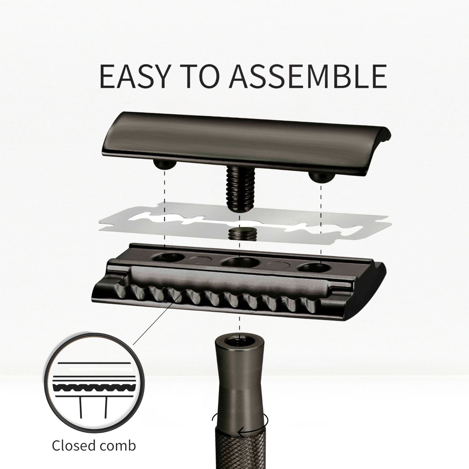 Illustration of a bambaw black safety razor assembly with text 'Easy to Assemble' on a white background.