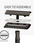 Illustration of a bambaw black safety razor assembly with text 'Easy to Assemble' on a white background.