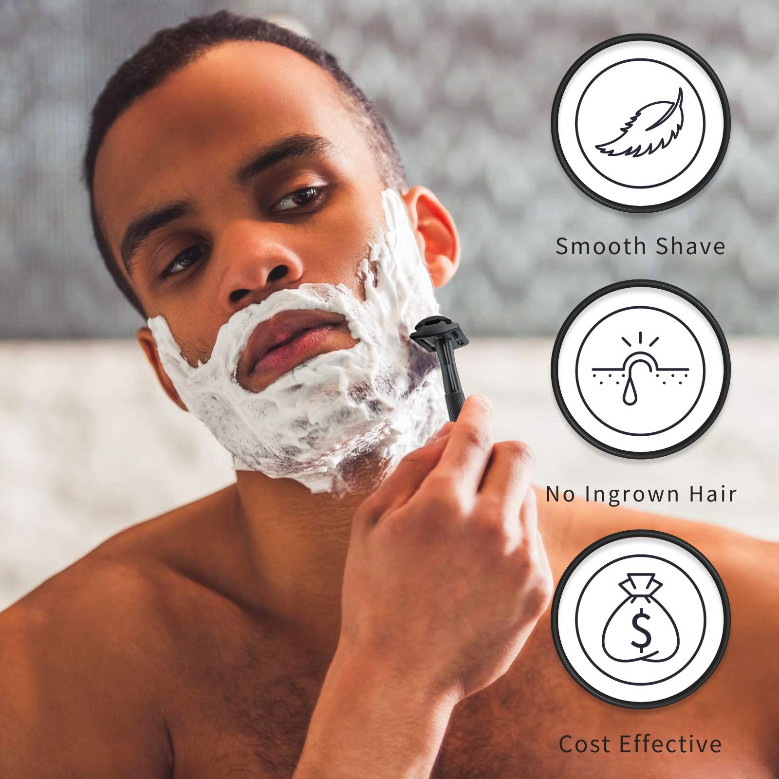Man shaving with a bambaw safety razor, surrounded by icons indicating 'Smooth Shave', 'No Ingrown Hair', and 'Cost Effective'.