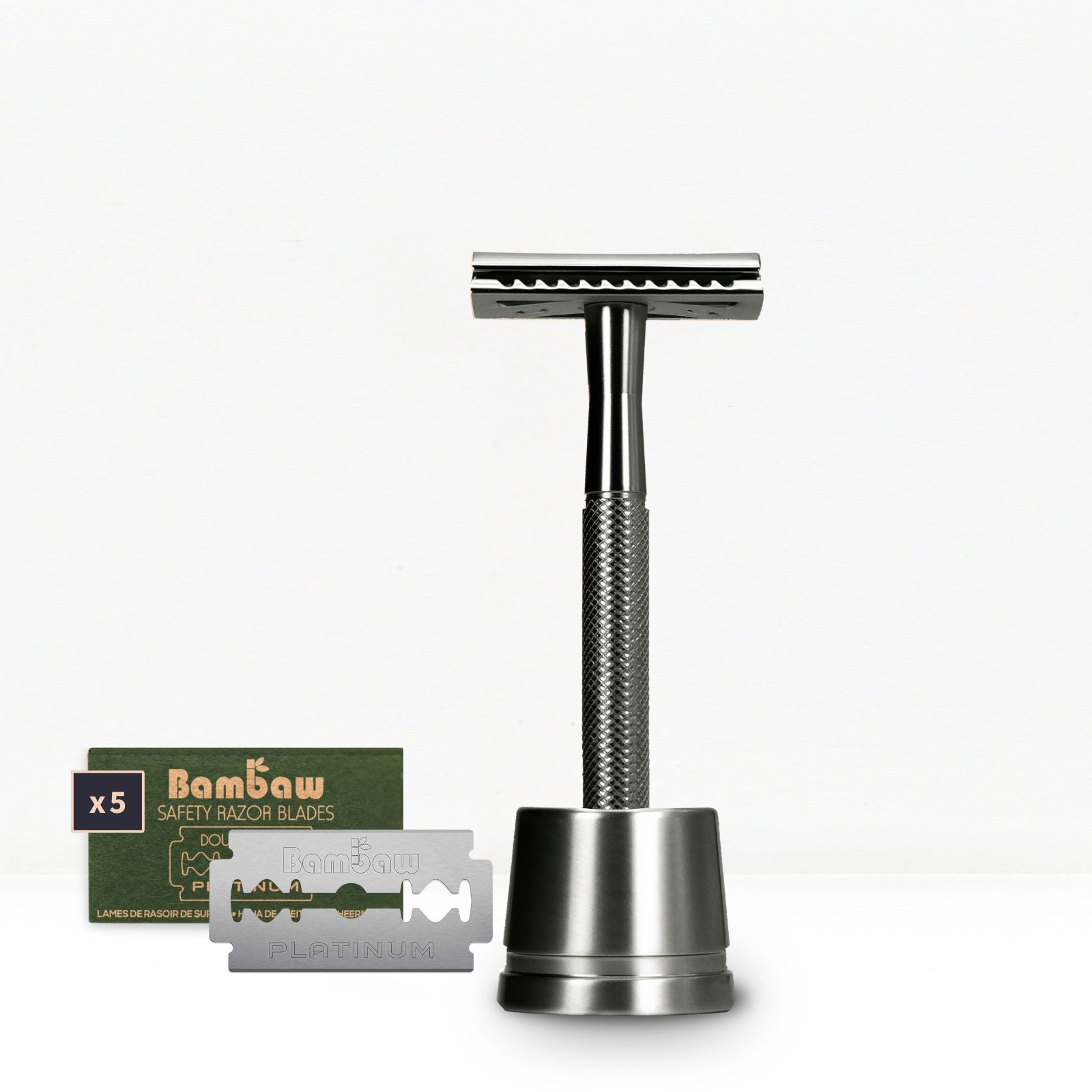 Metal safety razor with a pack of Bambaw safety razor blades on a white background