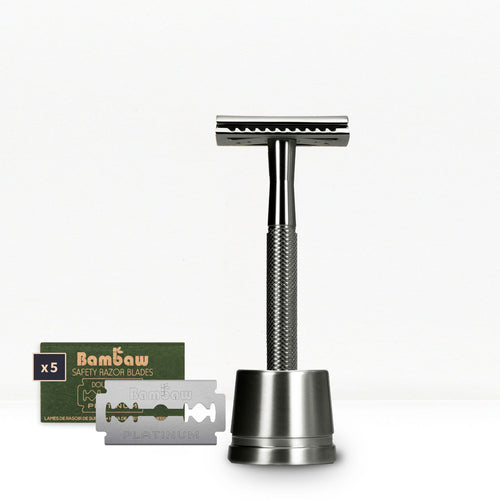 Metal safety razor with a pack of Bambaw safety razor blades on a white background