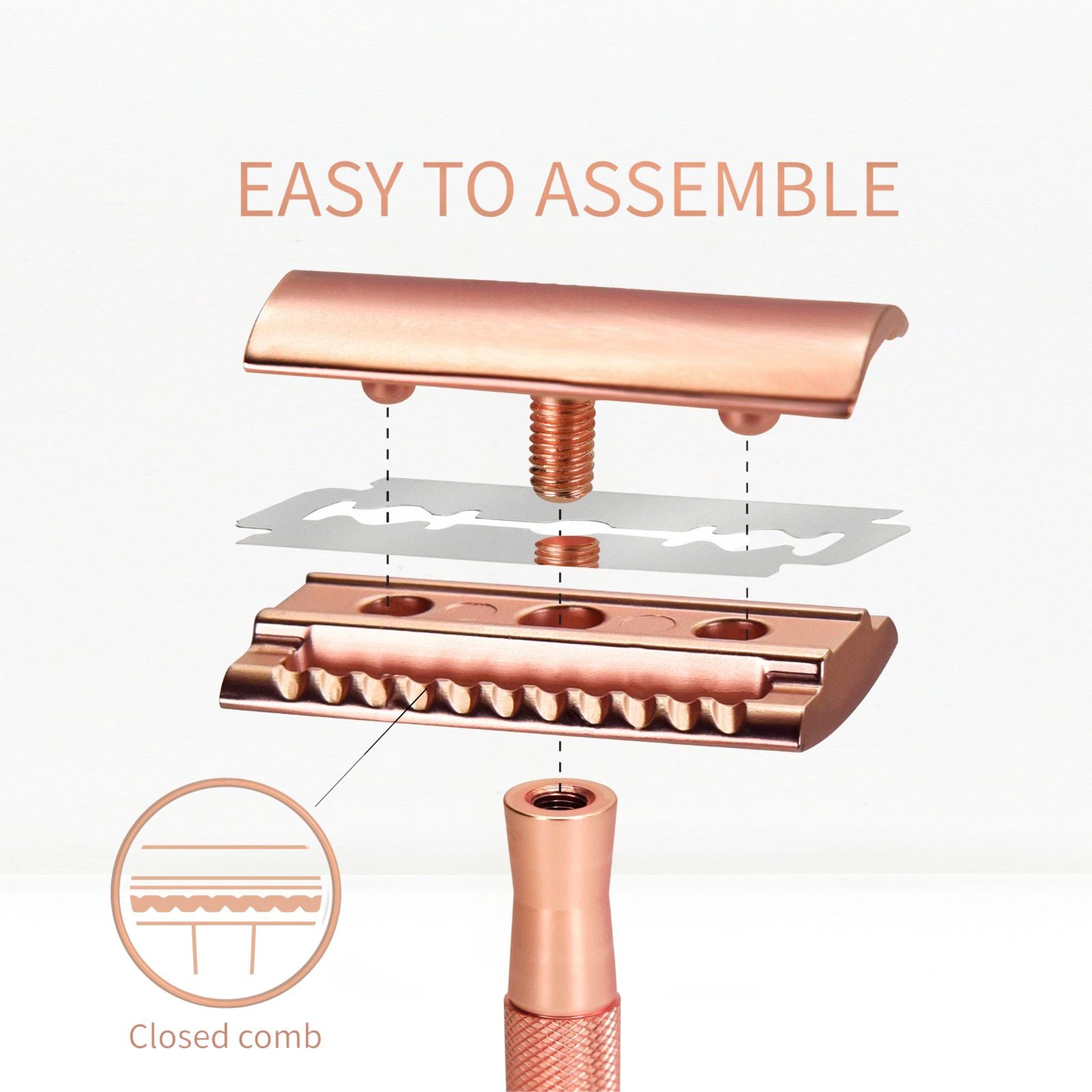 bambaw Rose gold safety razor with components on a white background