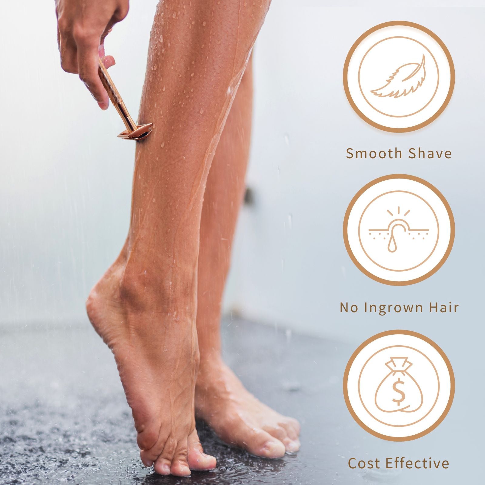 A woman shaving legs with a bambaw safety razor, showing smooth shave, no ingrown hair, and cost-effective benefits.