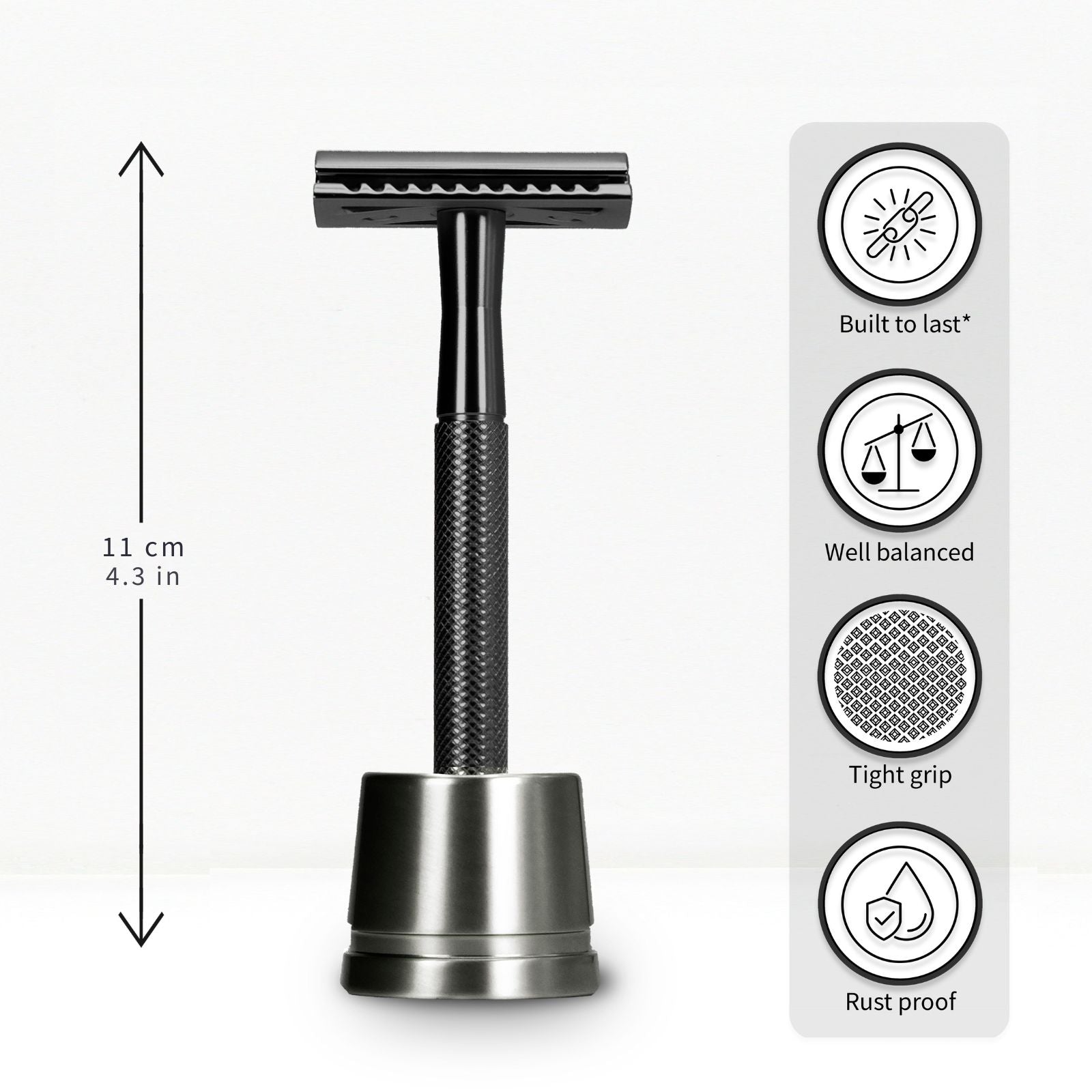 bambaw Black safety razor with measurements and feature icons on a white background