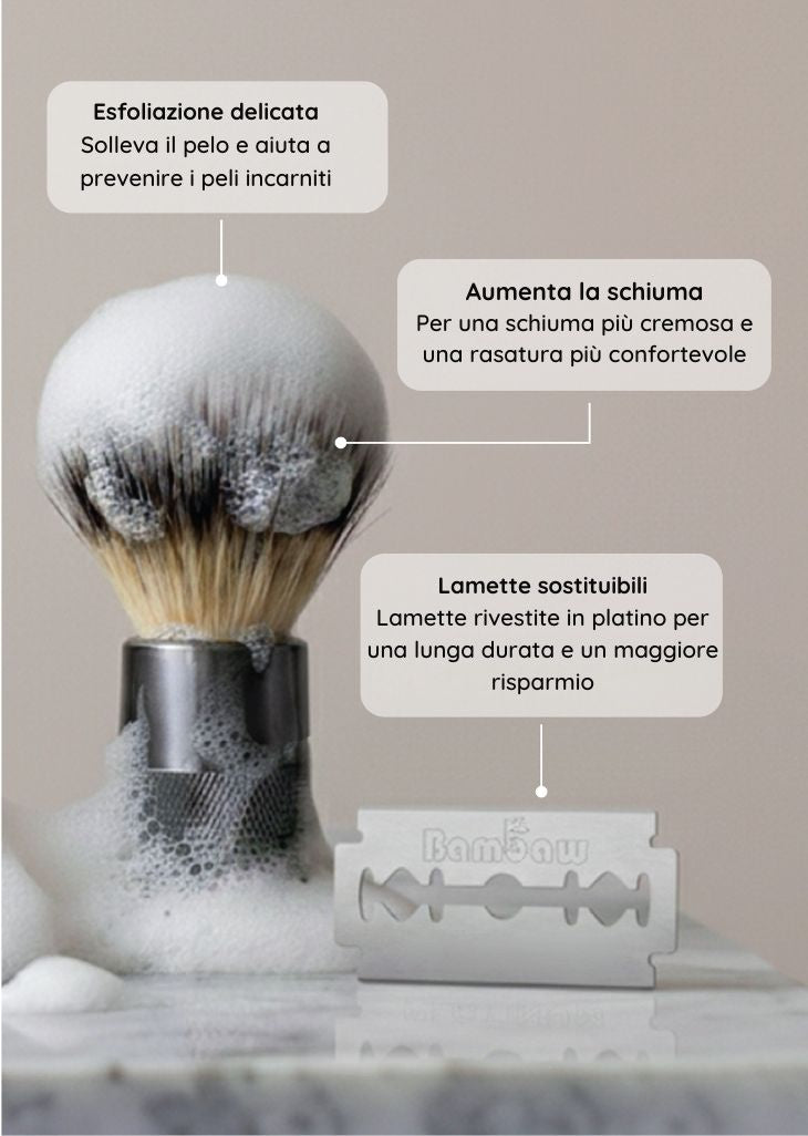 bambaw Shaving brush with foam and razor blade on a marble surface, with text in Italian about shaving benefits.
