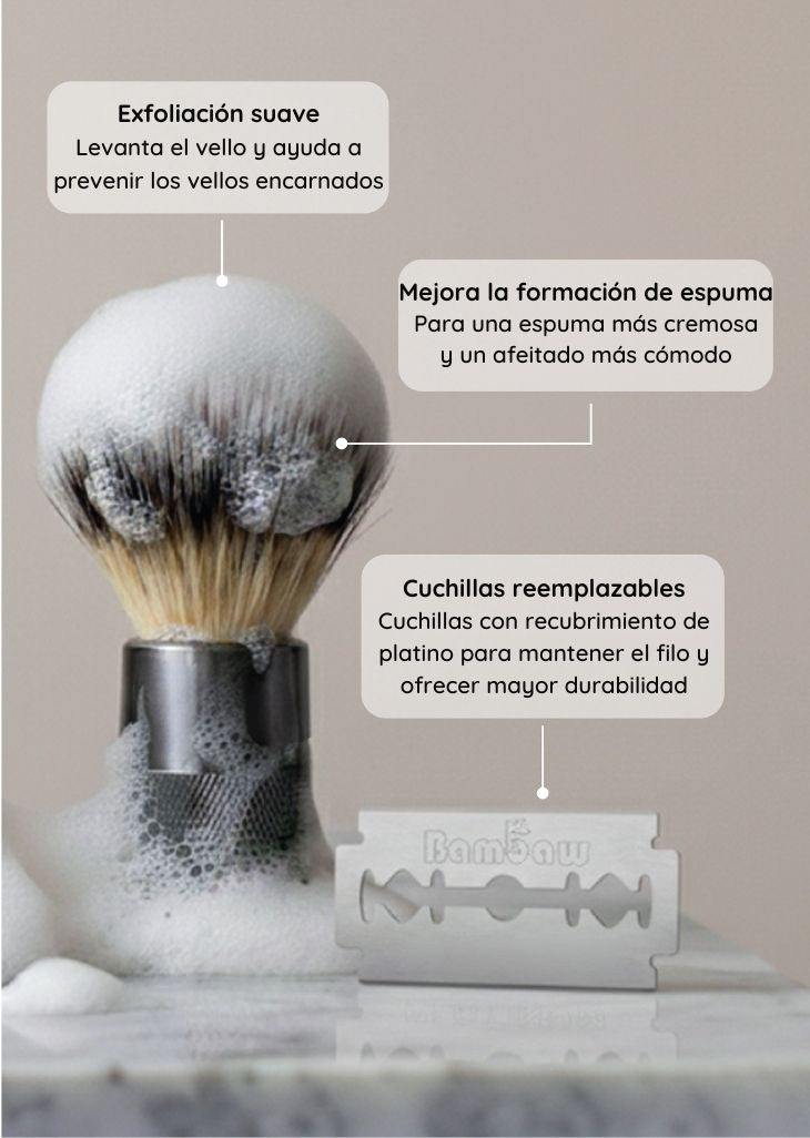 bambaw Shaving brush with foam and replacement razor blade on a marble surface, with text describing product features.