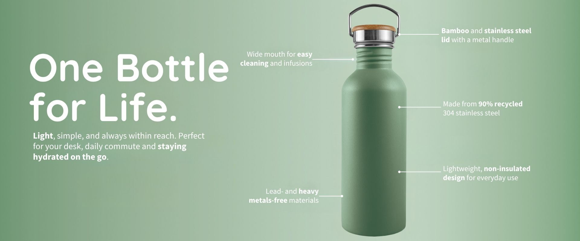 bambaw Green water bottle with features highlighted on a green background