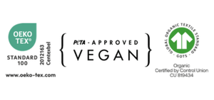 Logos for OEKO-TEX, PETA Approved Vegan, and Organic Textile Federation on a white background