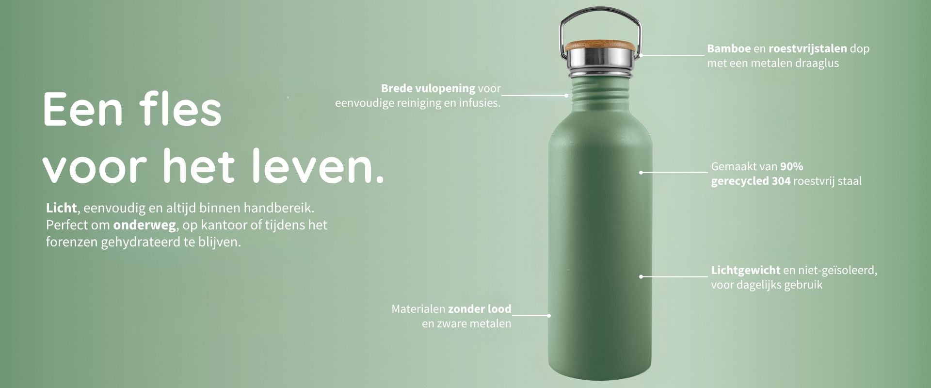 Groene roestvrijstalen waterfles van Bambaw met kenmerken uitgelicht op een groene achtergrond