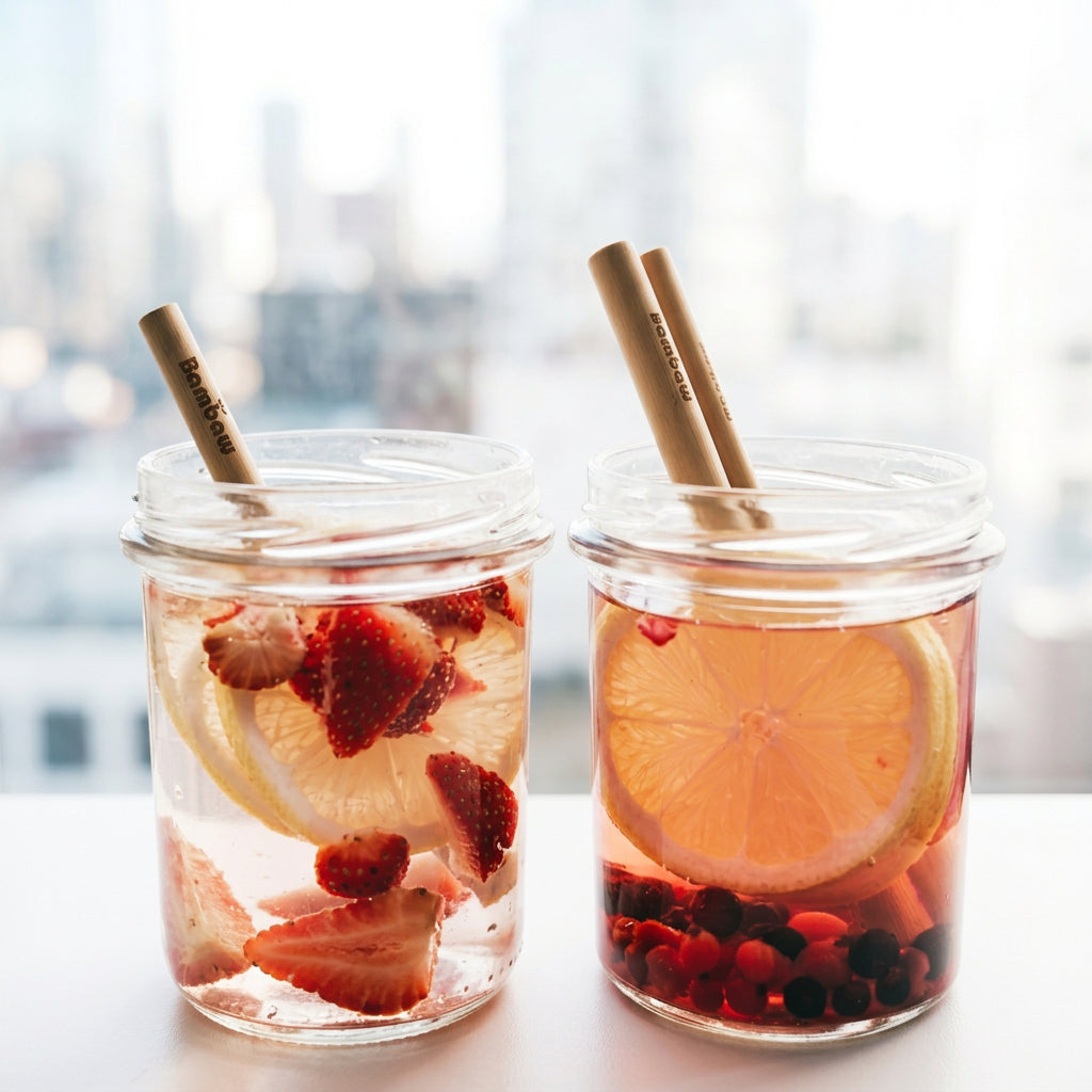 Bamboo straws placed in two jars of fruity drinks