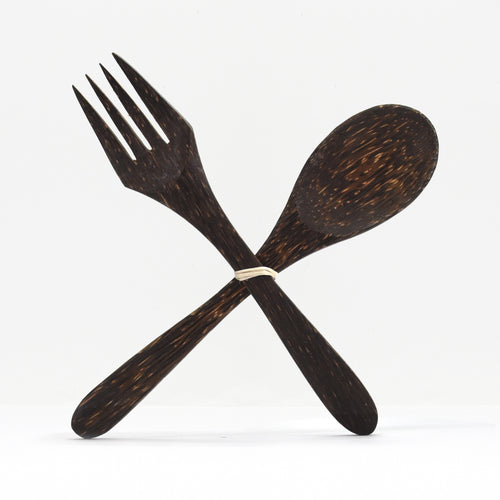 Dark coconut wood fork and spoon tied together with a band