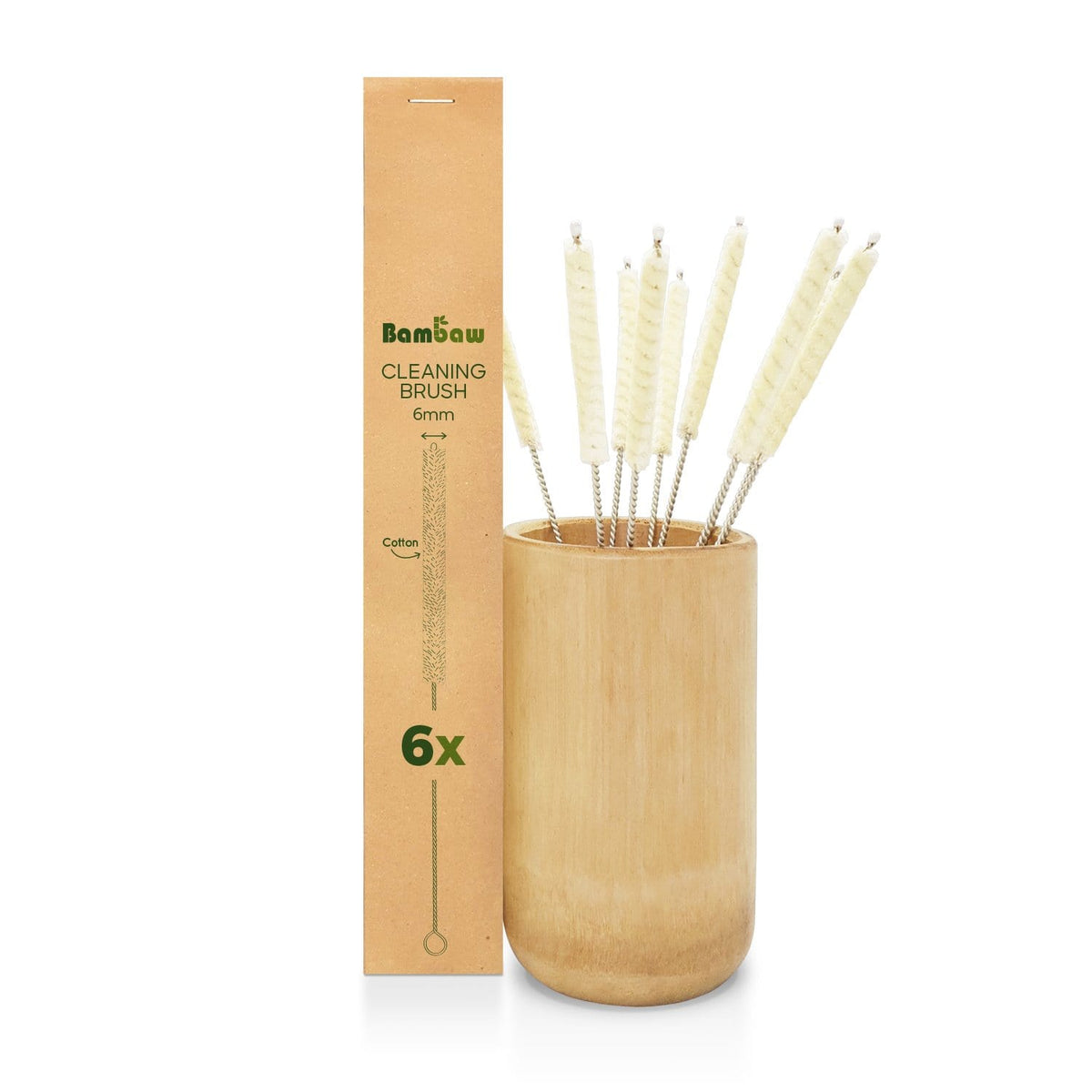 Six cotton straw cleaning brushes with twisted metal handles in a bamboo holder beside the brown box.