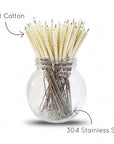 Cotton swabs with stainless steel stems arranged in a glass jar